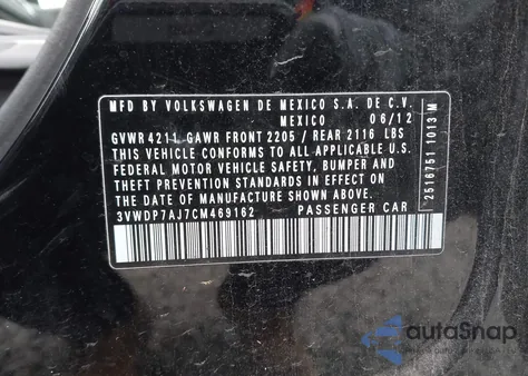 2012 Volkswagen Jetta 2.5L Se z USA, uszkodzony, nr VIN 3VWDP7AJ7CM469162